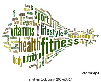 Vector concept or conceptual abstract word cloud on white background as metaphor for health, nutrition, diet, wellness, body, energy, medical, fitness, medical, gym, medicine, sport, heart or science