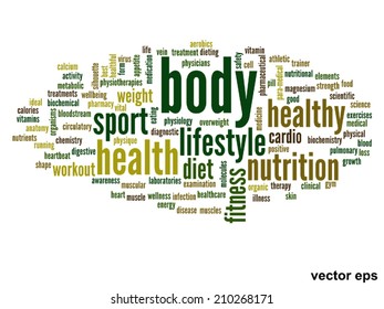 Concepto vectorial o nube de palabras abstracta conceptual sobre fondo blanco como metáfora para la salud, la nutrición, la dieta, el bienestar, el cuerpo, la energía, la medicina, la aptitud física, la medicina, la medicina, el deporte, el corazón o la ciencia