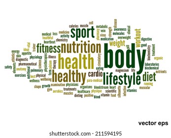 Vector concept or conceptual abstract word cloud on white background as metaphor for health, nutrition, diet, wellness, body, energy, medical, fitness, medical, gym, medicine, sport, heart or science