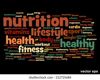 Vector concept or conceptual abstract word cloud on black background as metaphor for health, nutrition, diet, wellness, body, energy, medical, fitness, medical, gym, medicine, sport, heart or science