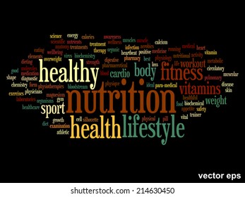Vector concept or conceptual abstract word cloud on black background as metaphor for health, nutrition, diet, wellness, body, energy, medical, fitness, medical, gym, medicine, sport, heart or science