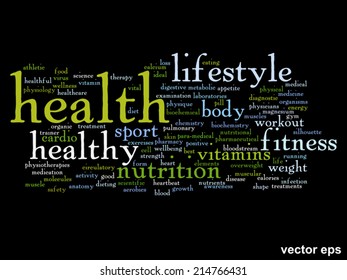 Vector concept or conceptual abstract word cloud on black background as metaphor for health, nutrition, diet, wellness, body, energy, medical, fitness, medical, gym, medicine, sport, heart or science