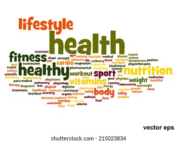 Concepto vectorial o nube de palabras abstracta conceptual sobre fondo blanco como metáfora para la salud, la nutrición, la dieta, el bienestar, el cuerpo, la energía, la medicina, la aptitud física, la medicina, la medicina, el deporte, el corazón o la ciencia