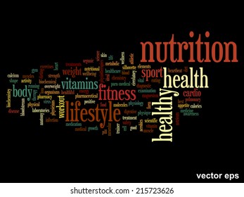 Vector concept or conceptual abstract word cloud on black background as metaphor for health, nutrition, diet, wellness, body, energy, medical, fitness, medical, gym, medicine, sport, heart or science