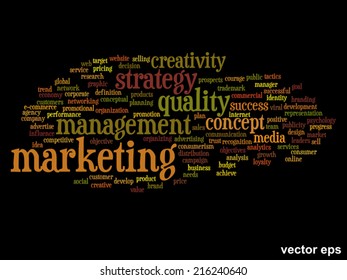 Vector concept or conceptual abstract word cloud on black background as metaphor for business, trend, media, focus, market, value, product, advertising or customer. Also for corporate wordcloud