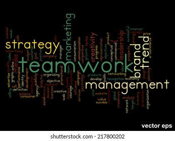 Concepto vectorial o nube conceptual abstracta de palabras sobre fondo negro como metáfora para negocios, tendencias, medios, enfoque, mercado, valor, producto, publicidad o cliente. También para la nube de palabras corporativa