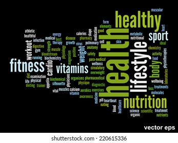 Vector concept or conceptual abstract word cloud on black background as metaphor for health, nutrition, diet, wellness, body, energy, medical, fitness, medical, gym, medicine, sport, heart or science