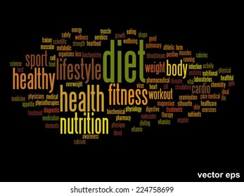 Vector concept or conceptual abstract word cloud on black background as metaphor for health, nutrition, diet, wellness, body, energy, medical, fitness, medical, gym, medicine, sport, heart or science