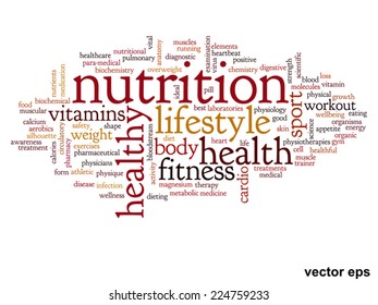 Vector concept or conceptual abstract word cloud on white background as metaphor for health, nutrition, diet, wellness, body, energy, medical, fitness, medical, gym, medicine, sport, heart or science