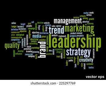 Concepto vectorial o nube conceptual abstracta de palabras sobre fondo negro como metáfora para negocios, tendencias, medios, enfoque, mercado, valor, producto, publicidad o cliente. También para la nube de palabras corporativa