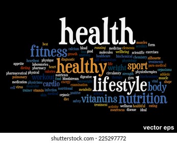 Vector concept or conceptual abstract word cloud on black background as metaphor for health, nutrition, diet, wellness, body, energy, medical, fitness, medical, gym, medicine, sport, heart or science