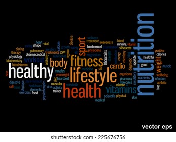 Vector concept or conceptual abstract word cloud on black background as metaphor for health, nutrition, diet, wellness, body, energy, medical, fitness, medical, gym, medicine, sport, heart or science