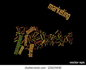 Concepto vectorial o nube conceptual abstracta de palabras sobre fondo negro como metáfora para negocios, tendencias, medios, enfoque, mercado, valor, producto, publicidad o cliente. También para la nube de palabras corporativa