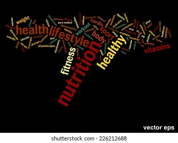 Concepto vectorial o nube de palabras abstracta conceptual sobre fondo negro como metáfora para la salud, la nutrición, la dieta, el bienestar, el cuerpo, la energía, la medicina, la aptitud física, la medicina, la medicina, el deporte, el corazón o la ciencia