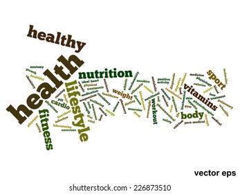 Concepto vectorial o nube de palabras abstracta conceptual sobre fondo blanco como metáfora para la salud, la nutrición, la dieta, el bienestar, el cuerpo, la energía, la medicina, la aptitud física, la medicina, la medicina, el deporte, el corazón o la ciencia