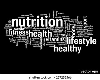 Vector concept or conceptual abstract word cloud on black background as metaphor for health, nutrition, diet, wellness, body, energy, medical, fitness, medical, gym, medicine, sport, heart or science