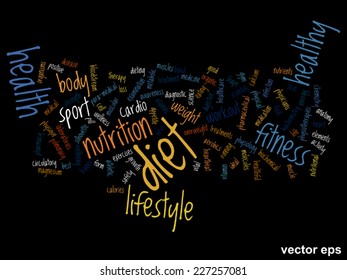 Vector concept or conceptual abstract word cloud on black background as metaphor for health, nutrition, diet, wellness, body, energy, medical, fitness, medical, gym, medicine, sport, heart or science