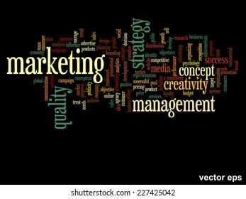 Vector concept or conceptual abstract word cloud on black background as metaphor for business, trend, media, focus, market, value, product, advertising or customer. Also for corporate wordcloud