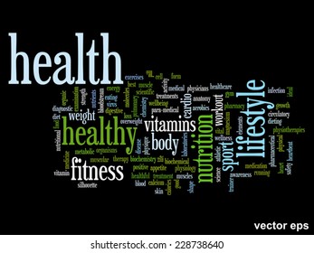 Vector concept or conceptual abstract word cloud on black background as metaphor for health, nutrition, diet, wellness, body, energy, medical, fitness, medical, gym, medicine, sport, heart or science