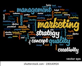 Vektorkonzept oder konzeptuell abstrakte Wortwolke auf schwarzem Hintergrund als Metapher für Unternehmen, Trends, Medien, Fokus, Markt, Wert, Produkt, Werbung oder Kunden. Auch für Corporate WordCloud
