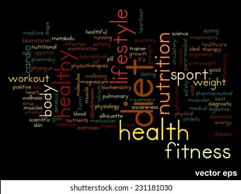 Vector concept or conceptual abstract word cloud on black background as metaphor for health, nutrition, diet, wellness, body, energy, medical, fitness, medical, gym, medicine, sport, heart or science