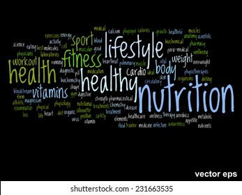 Vector concept or conceptual abstract word cloud on black background as metaphor for health, nutrition, diet, wellness, body, energy, medical, fitness, medical, gym, medicine, sport, heart or science