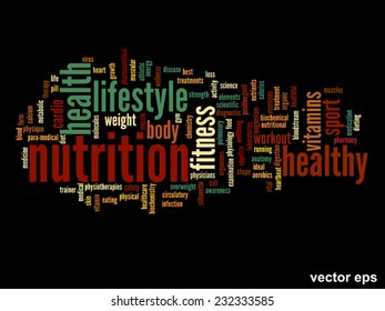 Vector concept or conceptual abstract word cloud on black background as metaphor for health, nutrition, diet, wellness, body, energy, medical, fitness, medical, gym, medicine, sport, heart or science