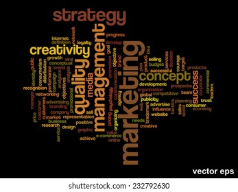 Vector concept or conceptual abstract word cloud on black background as metaphor for business, trend, media, focus, market, value, product, advertising or customer. Also for corporate wordcloud