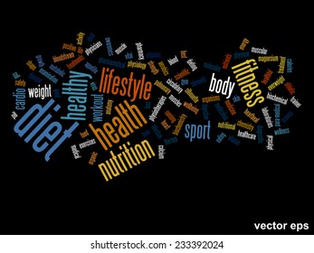 Vector concept or conceptual abstract word cloud on black background as metaphor for health, nutrition, diet, wellness, body, energy, medical, fitness, medical, gym, medicine, sport, heart or science