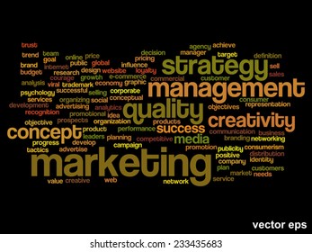 Vector concept or conceptual abstract word cloud on black background as metaphor for business, trend, media, focus, market, value, product, advertising or customer. Also for corporate wordcloud