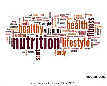 Vector concept or conceptual abstract word cloud on white background as metaphor for health, nutrition, diet, wellness, body, energy, medical, fitness, medical, gym, medicine, sport, heart or science