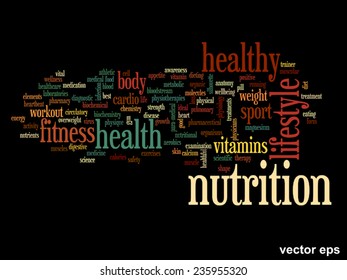 Concepto vectorial o nube de palabras abstracta conceptual sobre fondo negro como metáfora para la salud, la nutrición, la dieta, el bienestar, el cuerpo, la energía, la medicina, la aptitud física, la medicina, la medicina, el deporte, el corazón o la ciencia