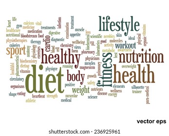 Concepto vectorial o nube de palabras abstracta conceptual sobre fondo blanco como metáfora para la salud, la nutrición, la dieta, el bienestar, el cuerpo, la energía, la medicina, la aptitud física, la medicina, la medicina, el deporte, el corazón o la ciencia