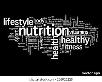 Vector concept or conceptual abstract word cloud on black background as metaphor for health, nutrition, diet, wellness, body, energy, medical, fitness, medical, gym, medicine, sport, heart or science