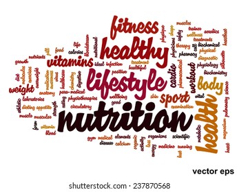 Concepto vectorial o nube de palabras abstracta conceptual sobre fondo blanco como metáfora para la salud, la nutrición, la dieta, el bienestar, el cuerpo, la energía, la medicina, la aptitud física, la medicina, la medicina, el deporte, el corazón o la ciencia