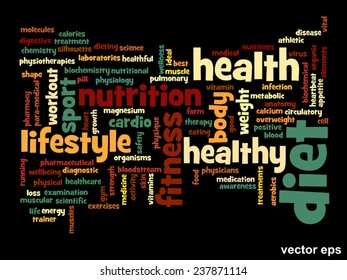 Concepto vectorial o nube de palabras abstracta conceptual sobre fondo negro como metáfora para la salud, la nutrición, la dieta, el bienestar, el cuerpo, la energía, la medicina, la aptitud física, la medicina, la medicina, el deporte, el corazón o la ciencia