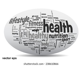 Concepto vectorial o nube de palabras abstracta conceptual sobre fondo blanco como metáfora para la salud, la nutrición, la dieta, el bienestar, el cuerpo, la energía, la medicina, la aptitud física, la medicina, la medicina, el deporte, el corazón o la ciencia