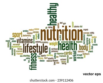Vektorkonzept oder konzeptuell abstrakte Wortwolke auf weißem Hintergrund als Metapher für Gesundheit, Ernährung, Ernährung, Wellness, Körper, Energie, Medizin, Fitness, Medizin, Medizin, Sport, Herz oder Wissenschaft