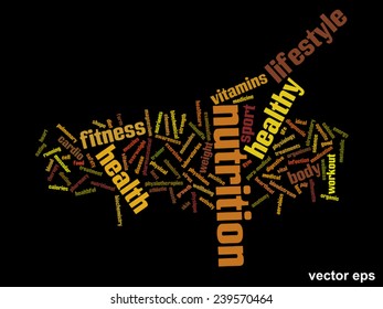 Vector concept or conceptual abstract word cloud on black background as metaphor for health, nutrition, diet, wellness, body, energy, medical, fitness, medical, gym, medicine, sport, heart or science