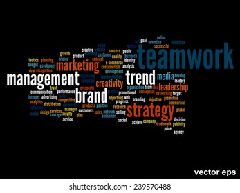 Concepto vectorial o nube conceptual abstracta de palabras sobre fondo negro como metáfora para negocios, tendencias, medios, enfoque, mercado, valor, producto, publicidad o cliente. También para la nube de palabras corporativa