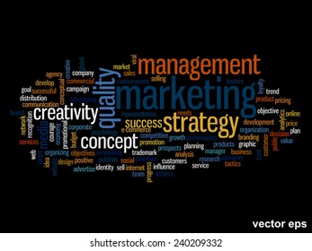 Vector concept or conceptual abstract word cloud on black background as metaphor for business, trend, media, focus, market, value, product, advertising or customer. Also for corporate wordcloud