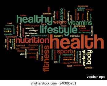 Vector concept or conceptual abstract word cloud on black background as metaphor for health, nutrition, diet, wellness, body, energy, medical, fitness, medical, gym, medicine, sport, heart or science