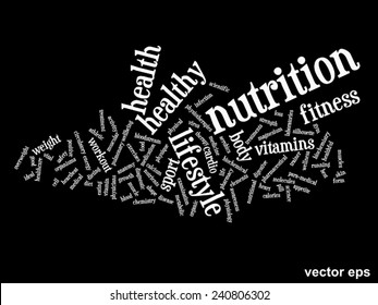Vector concept or conceptual abstract word cloud on black background as metaphor for health, nutrition, diet, wellness, body, energy, medical, fitness, medical, gym, medicine, sport, heart or science
