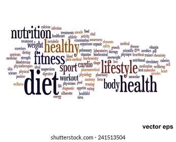 Vector concept or conceptual abstract word cloud on white background as metaphor for health, nutrition, diet, wellness, body, energy, medical, fitness, medical, gym, medicine, sport, heart or science
