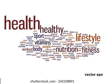 Vector concept or conceptual abstract word cloud on white background as metaphor for health, nutrition, diet, wellness, body, energy, medical, fitness, medical, gym, medicine, sport, heart or science