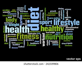 Vector concept or conceptual abstract word cloud on black background as metaphor for health, nutrition, diet, wellness, body, energy, medical, fitness, medical, gym, medicine, sport, heart or science