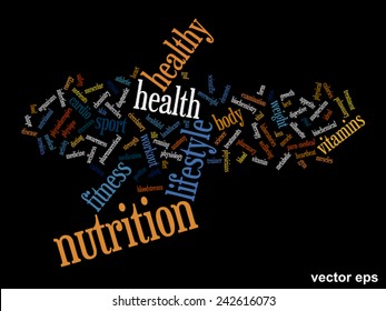 Vector concept or conceptual abstract word cloud on black background as metaphor for health, nutrition, diet, wellness, body, energy, medical, fitness, medical, gym, medicine, sport, heart or science