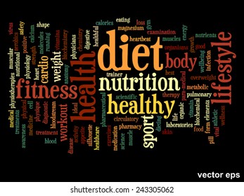 Vector concept or conceptual abstract word cloud on black background as metaphor for health, nutrition, diet, wellness, body, energy, medical, fitness, medical, gym, medicine, sport, heart or science