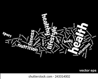 Conceito vetorial ou palavra abstrata conceitual nuvem no fundo preto como metáfora para a saúde, nutrição, dieta, bem-estar, corpo, energia, médica, fitness, médica, ginástica, medicina, esporte, coração ou ciência