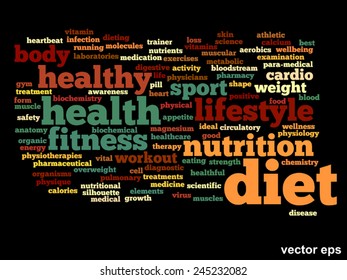 Vector concept or conceptual abstract word cloud on black background as metaphor for health, nutrition, diet, wellness, body, energy, medical, fitness, medical, gym, medicine, sport, heart or science